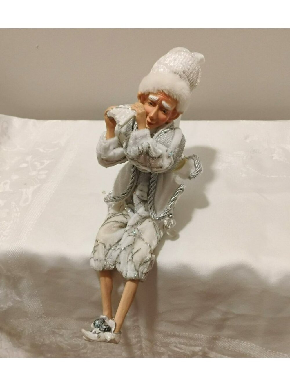Vintage Posable Elf Figurine Silver White Crystal Jester Shelf Sitter Flute Play